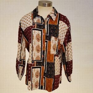 TruSelf Boho Patchwork Button Down Shirt Womens Medium Cotton Blend